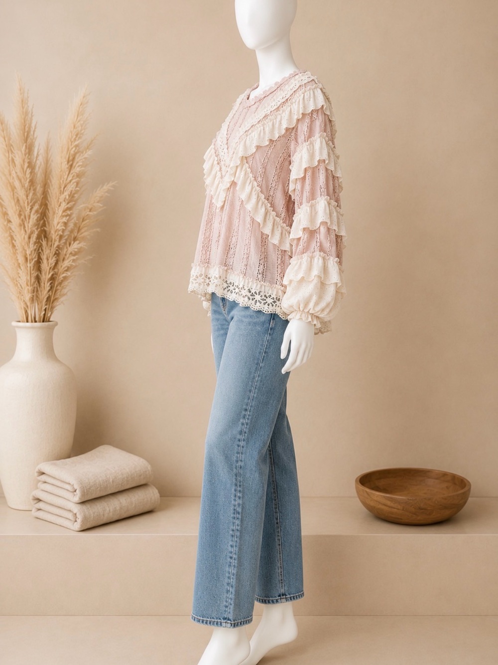POL NWOT  Blush Pink Lace Ruffle Boho Long Sleeve Top - Picture 2 of 3